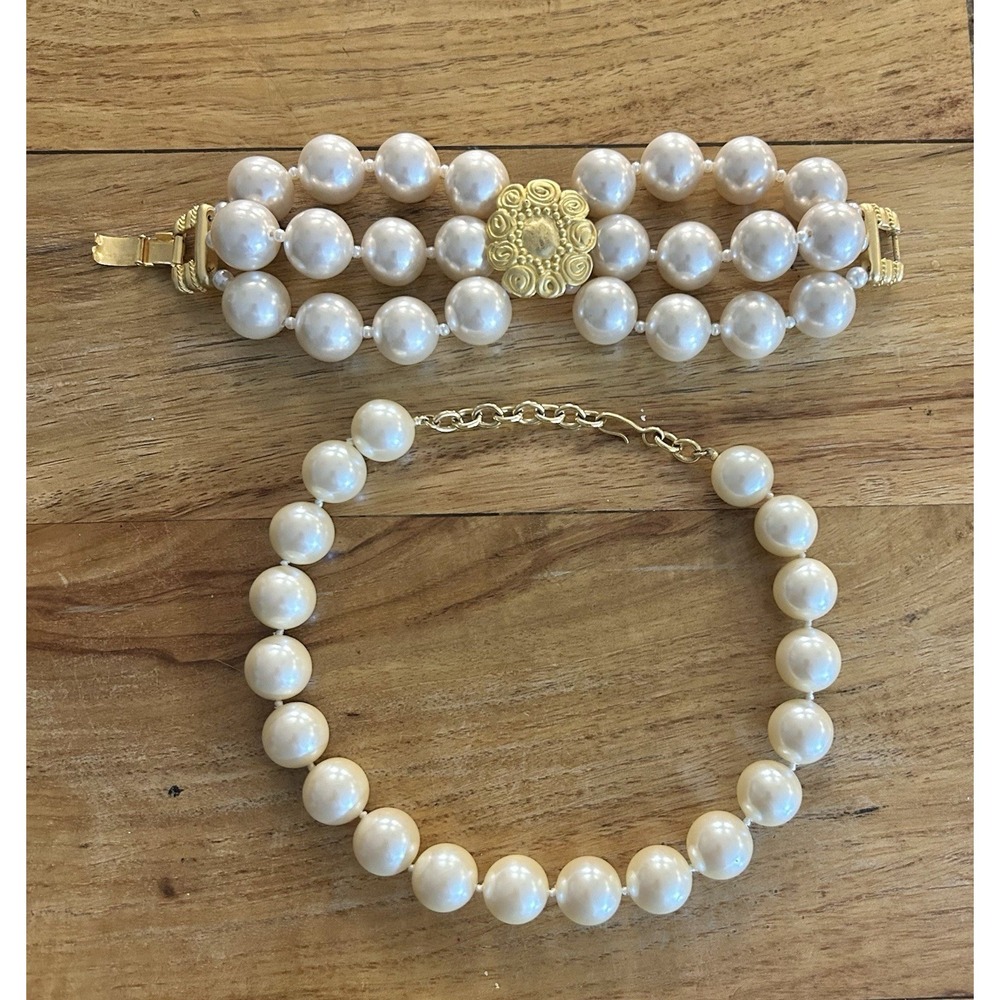 Choker Necklace Bracelet Set Multi Strand Layered Faux Pearl Vintage